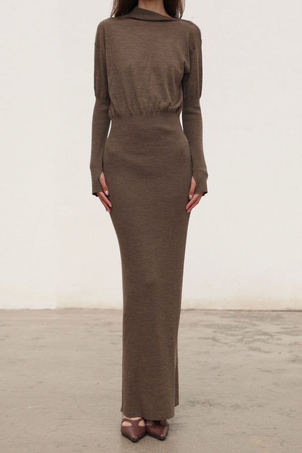 OUDE WAAG 25 Fall/Winter Asymmetrical Neck Wool Knit Dress OW-OW-25AW-KD05W1BR430-HZ Gray Brown